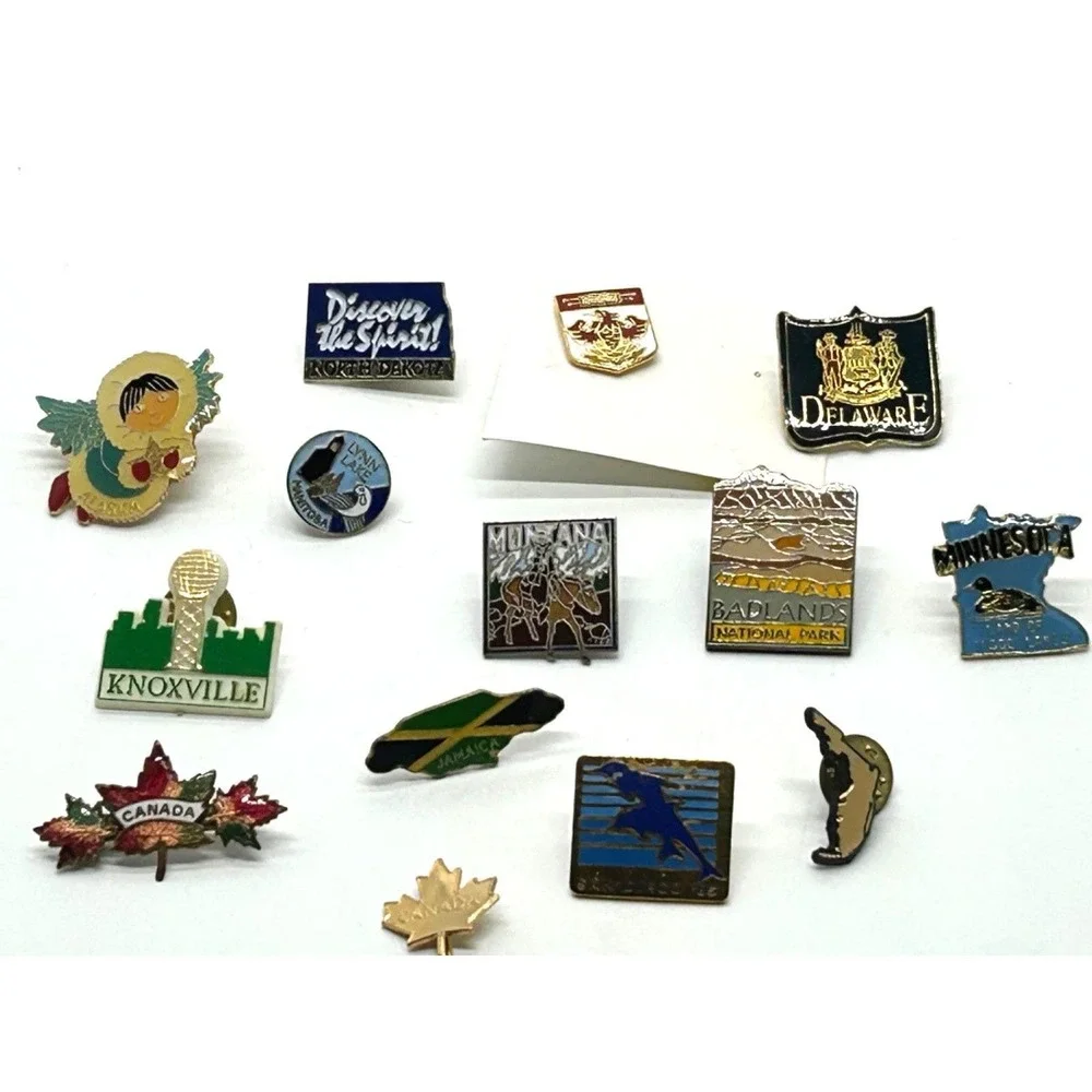 Lot of 14 Vintage Hat Lapel Pins Country State City Travel Tourist Souvenir